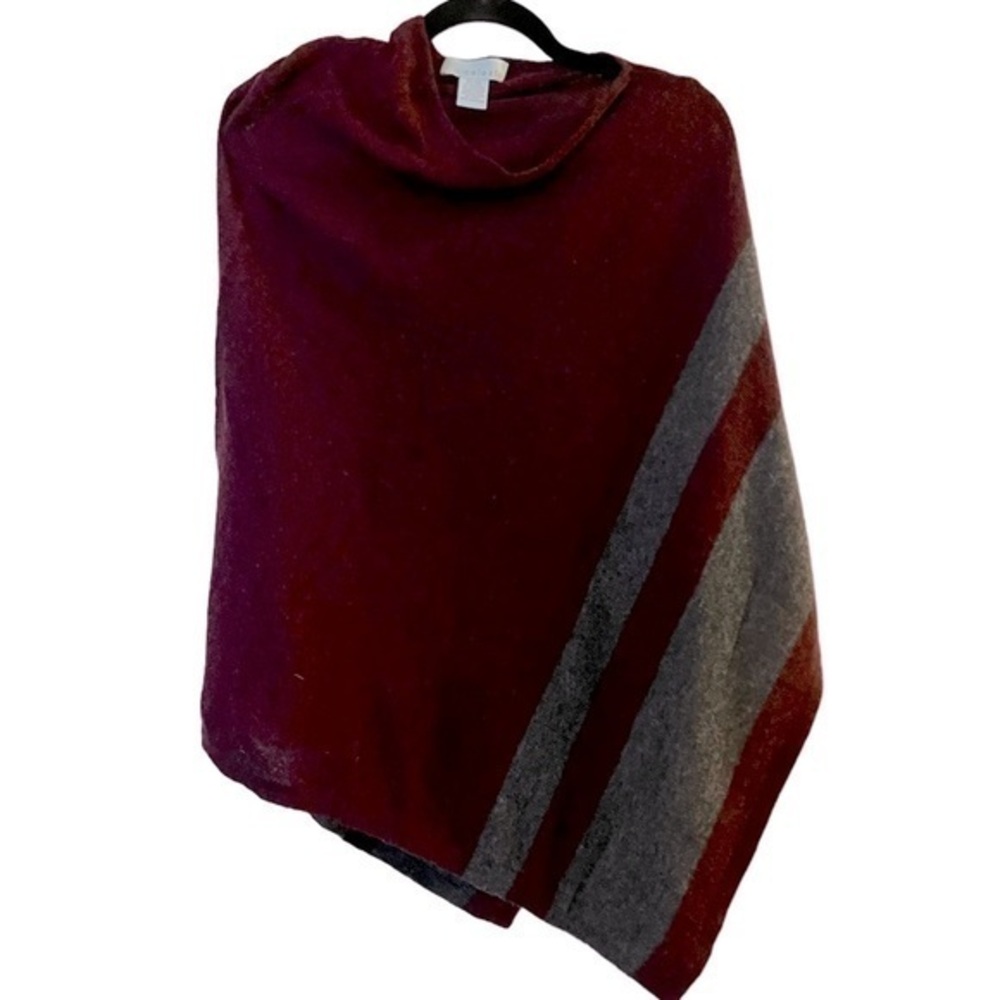 Celeste Soft Wool / Cashmere Burgundy & Gray Accent Stripe Asymmetrical Poncho